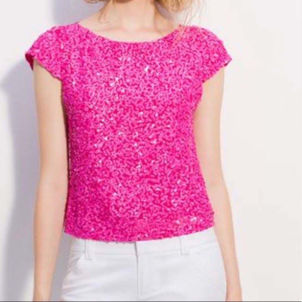 ALICE + OLIVIA Sequined Hot Pink Cap Sleeve Top S